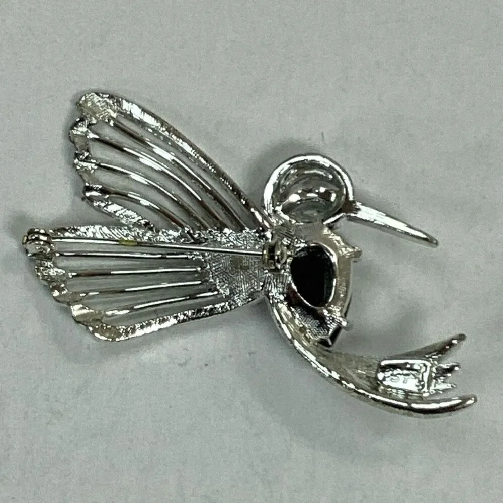 Vtg Judy Lee Hummingbird Brooch Silver Tone Black Polished Stone Bird Pin Signed